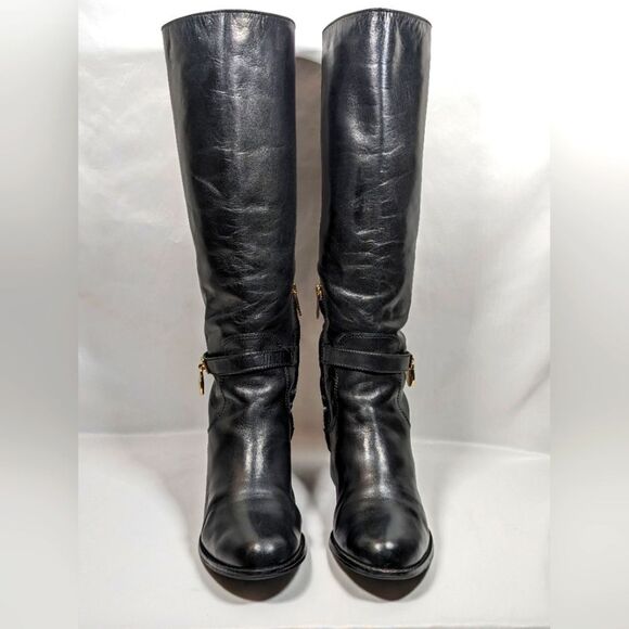 Michael Kors Hamilton Lock Black Leather Riding Boots 2" Heel Size 7M - Picture 2 of 13